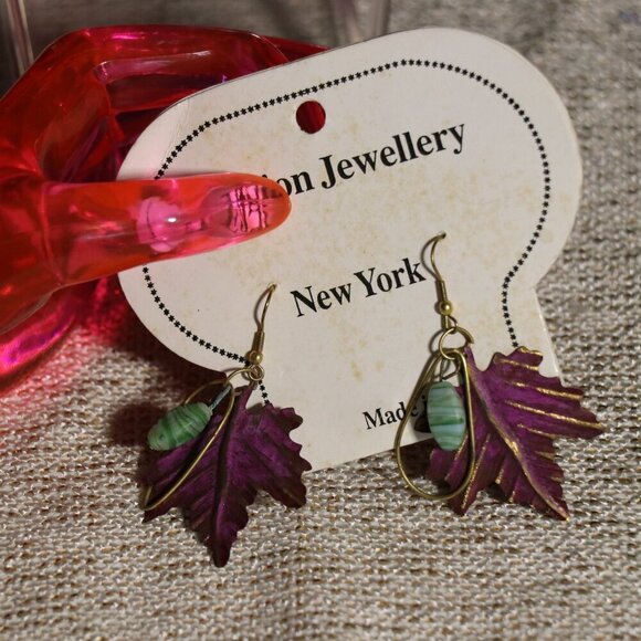 Metal Leaf With Teardrop Hoop and Faux Stone Beads 2" Long Wire Hanging Earrings - Picture 2 of 4